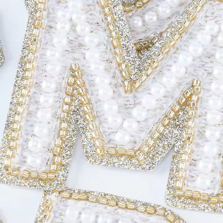 Iron On/Sew On Premium Quality Glitter Pearl Letters Patches, Size 6.5 Cm Height