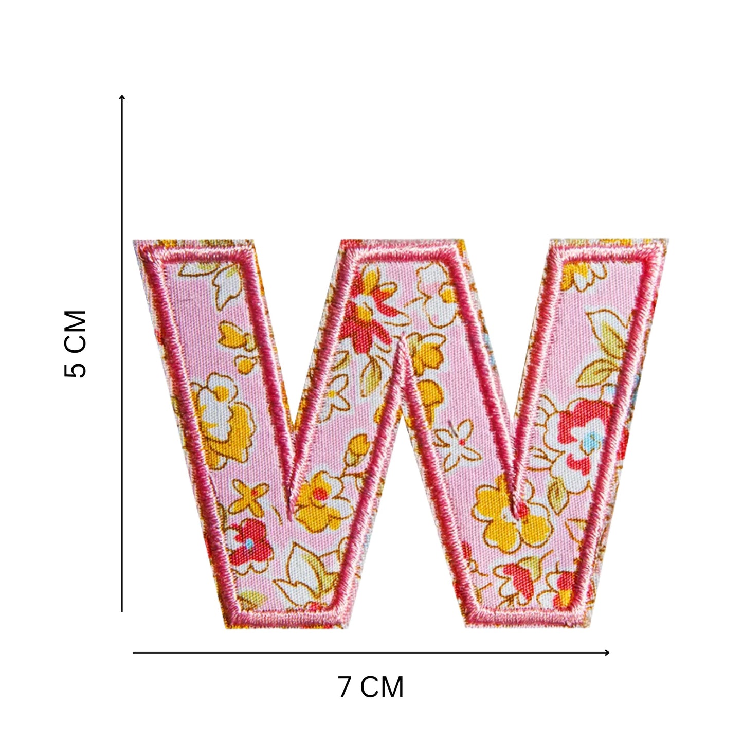 Floral Letter Patches – 5 cm Printed Fabric Alphabet with Embroidered Outline, Iron-On for Clothes & Hats