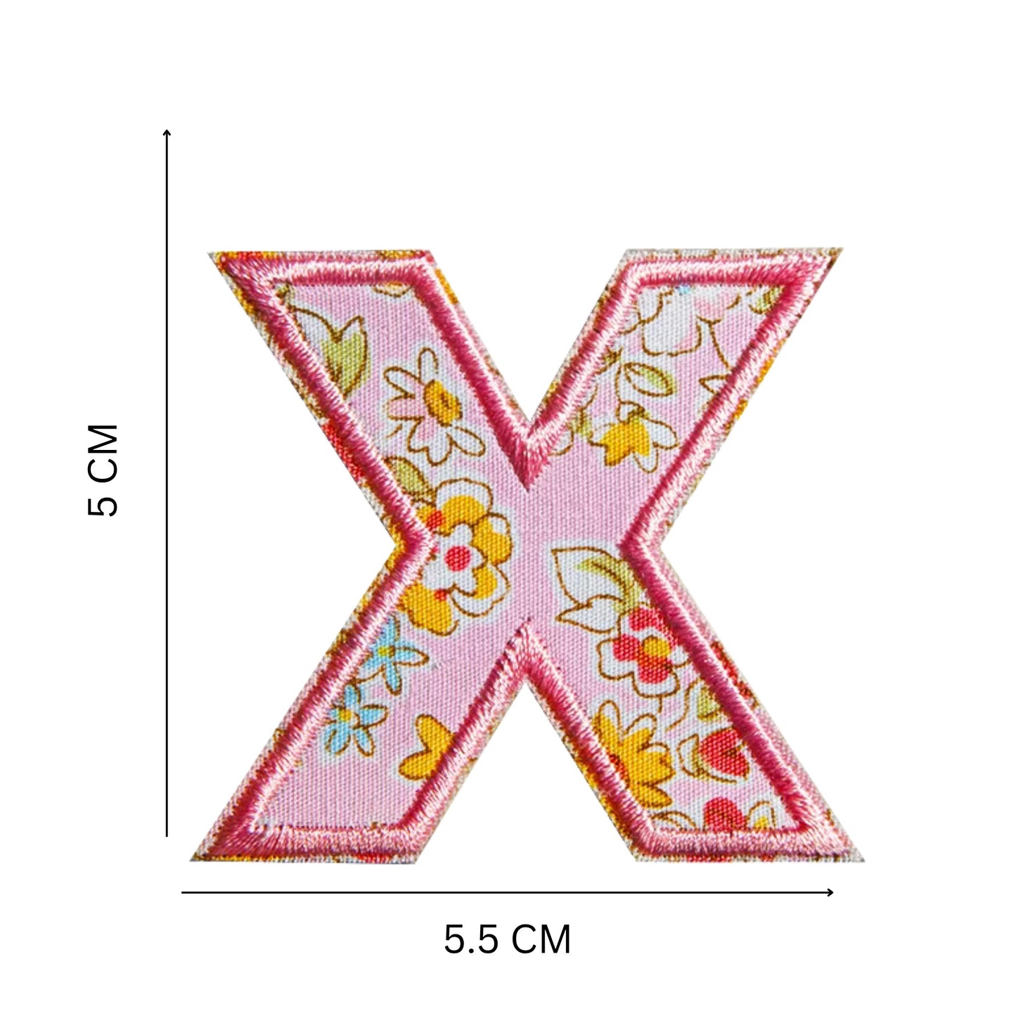 Floral Letter Patches – 5 cm Printed Fabric Alphabet with Embroidered Outline, Iron-On for Clothes & Hats