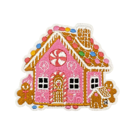 Christmas Gingerbread House Patch (8 x 6.9 cm) – Pink Embroidered Iron-On Holiday Patch