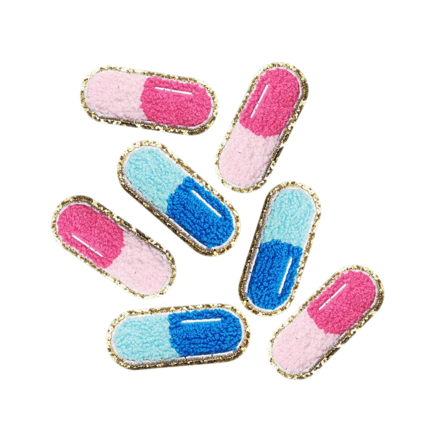 Pink & Blue Capsule Chenille Patch (6.2 × 2.7 cm) – Iron-On Patch for Denim, Backpacks & Pouches