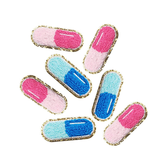 Pink & Blue Capsule Chenille Patch (6.2 × 2.7 cm) – Iron-On Patch for Denim, Backpacks & Pouches