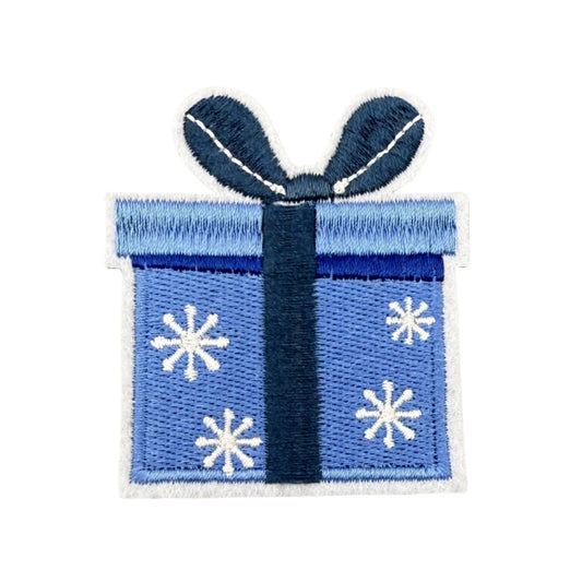 Blue Christmas Present Embroidered Iron-On Patch – Holiday Gift Box with Snowflake Design