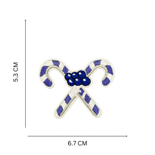 Blue & White Candy Cane Embroidered Patch – Festive Iron-On Patch for Jackets, Bags & Stockings