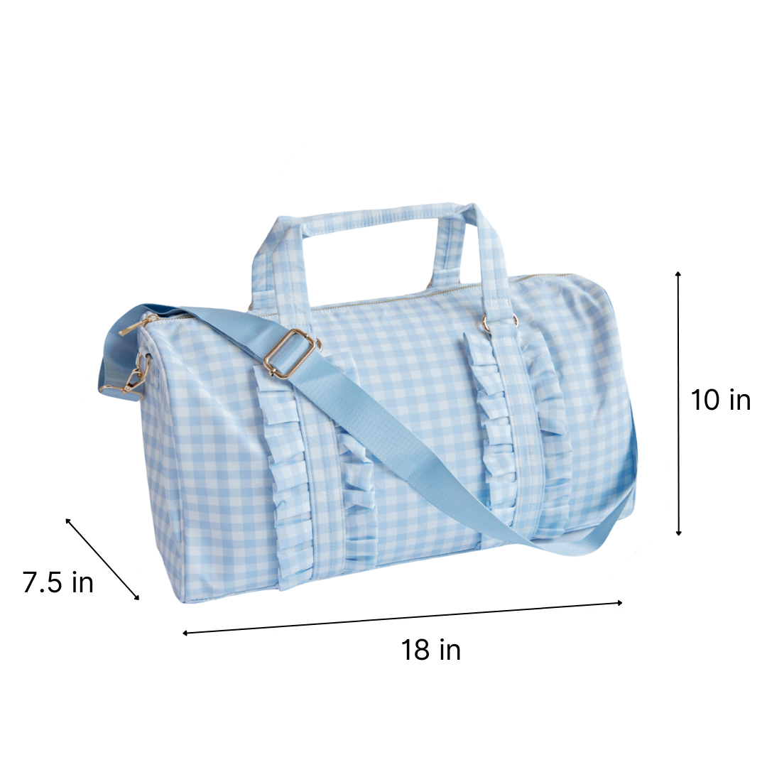 Gingham Ruffle Duffel Bag – Chic & Elegant, Perfect as a Dance Bag, Ballet Bag, Gym Bag, Weekend Bag, or Overnight Travel Bag, Personalizable with Letters and Fun Patches