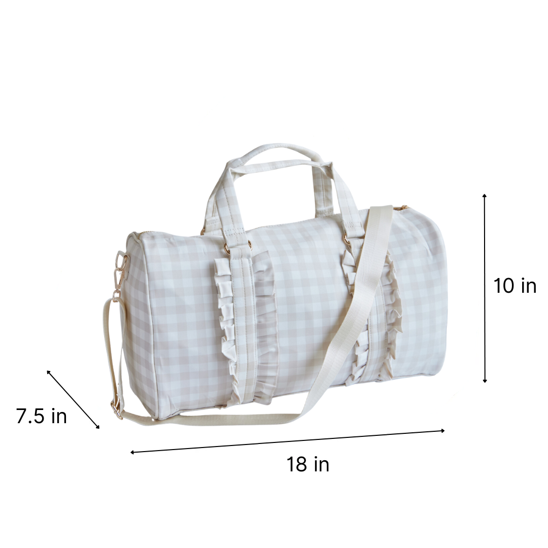 Gingham Ruffle Duffel Bag – Chic & Elegant, Perfect as a Dance Bag, Ballet Bag, Gym Bag, Weekend Bag, or Overnight Travel Bag, Personalizable with Letters and Fun Patches