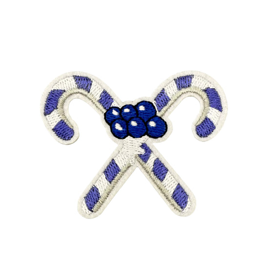 Blue & White Candy Cane Embroidered Patch – Festive Iron-On Patch for Jackets, Bags & Stockings