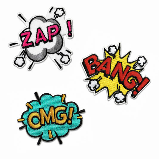 Comic Sound Effects Embroidered Stick On Patch Set of 3