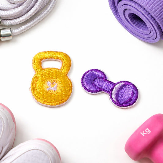 Mini Kettlebell & Dumbbell Embroidered Iron-On Patch Set of 2