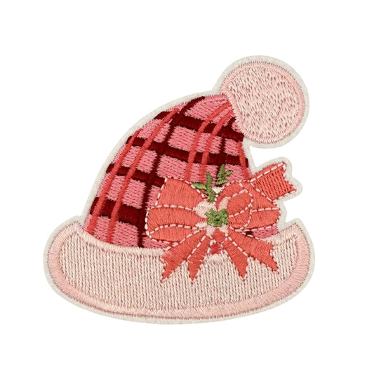 Pastel Pink Christmas Hat Embroidered Patch – Iron-On Holiday Patch for DIY Gifts & Accessories