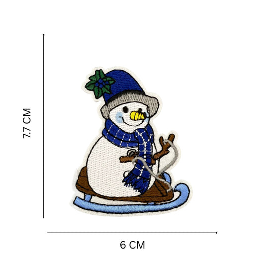 Snowman Sledding Embroidered Patch – Blue & White Iron-On Christmas Decoration for Apparel & Accessories