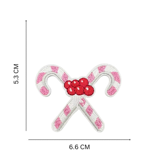 Pink Candy Cane Iron-On Patch – Embroidered Christmas Patch with Red Berry Detail