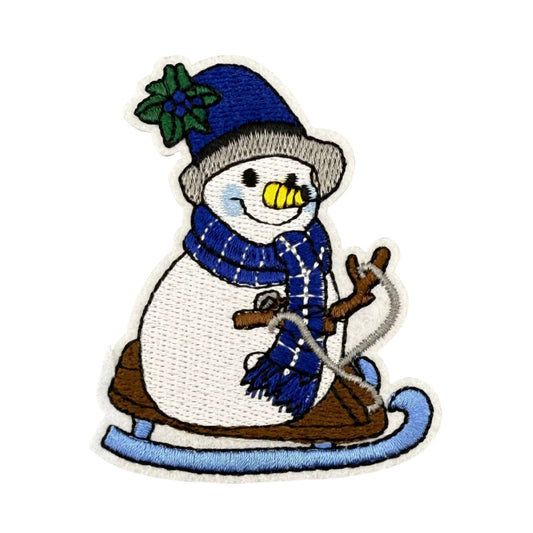 Snowman Sledding Embroidered Patch – Blue & White Iron-On Christmas Decoration for Apparel & Accessories