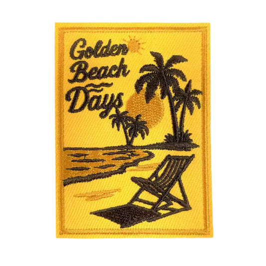 Golden Beach Days Palm Tree Embroidered Iron On Patch - Sunset Yellow Brown