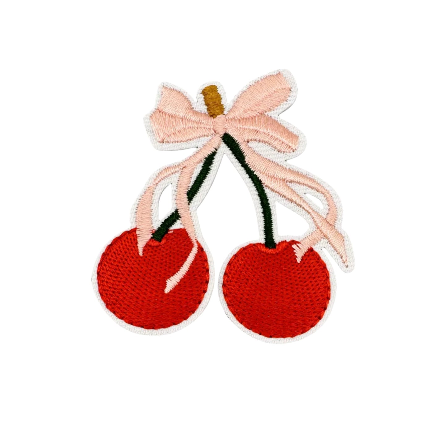 Red Cherry with Pink Ribbon Patch – Holiday Embroidered Iron-On Patch