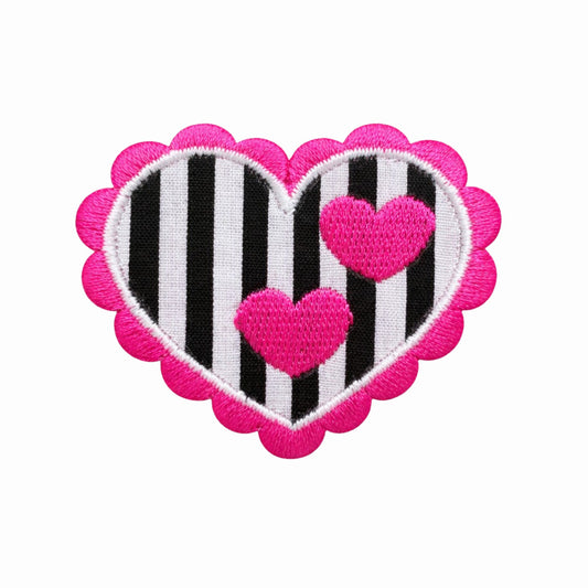 Pink Heart Stripe Embroidered Iron On Patch with Scalloped Edge