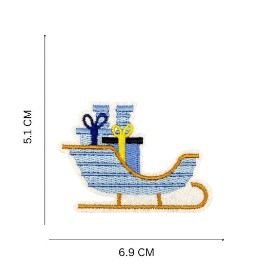 Blue Sleigh Iron-On Patch – Winter Embroidered Patch with Gifts, Perfect for Festive Fashion & Accessories