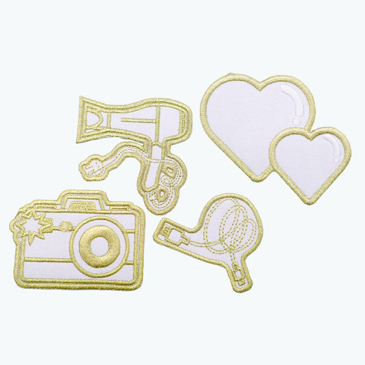 Iron On Gold Thread Embroidered Patch Set – Camera, Heart, Hair Dryer & Cord Designs for Travel Bags & DIY Decoration