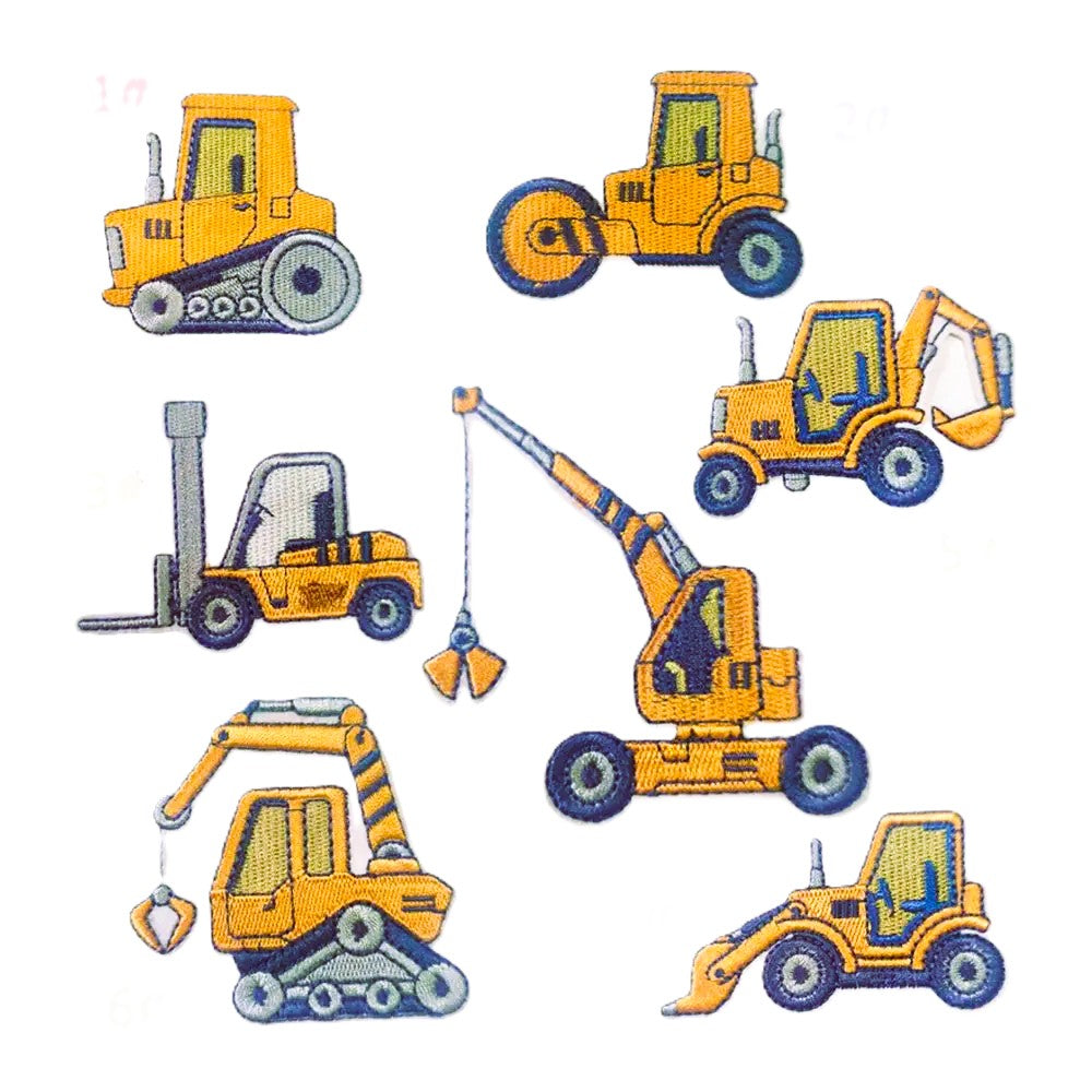 Iron On Construction Vehicle Embroidered Patch Set – Pack of 7 Excavator, Digger & Truck Designs for Kids’ Clothes, Bags & DIY Projects