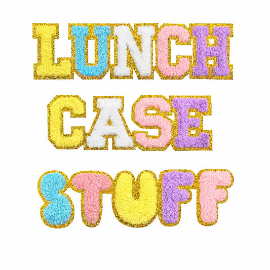 Iron-On/ Sew On Chenille Patch - Words "Stuff", "Lunch", "Case"