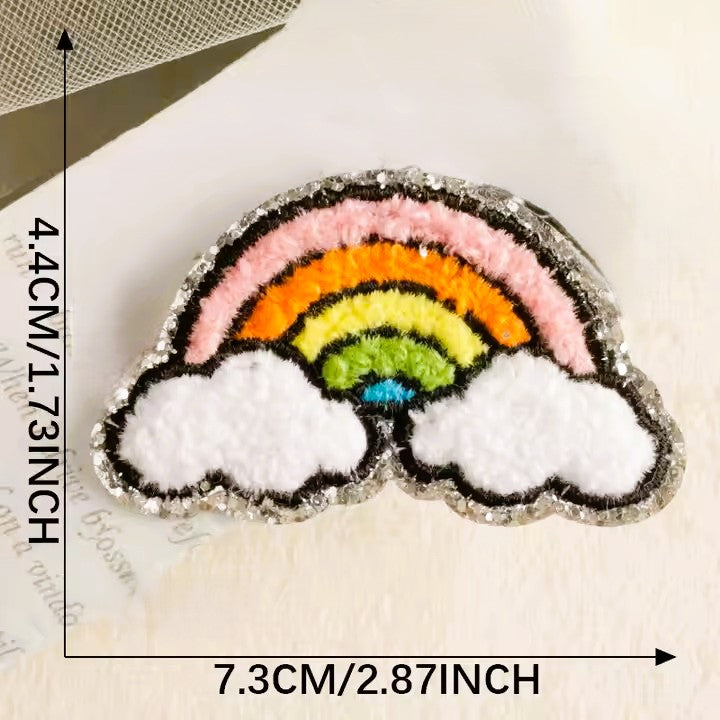 Silver Glitter Edge Chenille Patch Set – Pack of 3 Rainbow, Sunglass & Flower Designs for Clothes & Bags