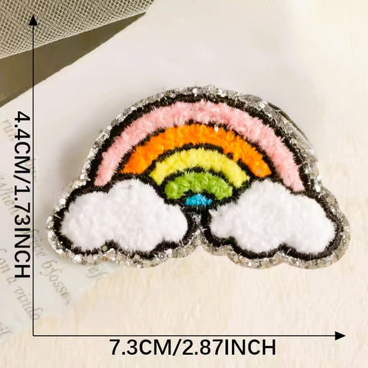 Silver Glitter Edge Chenille Patch Set – Pack of 3 Rainbow, Sunglass & Flower Designs for Clothes & Bags