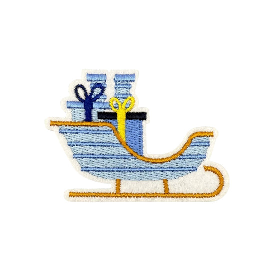 Blue Sleigh Iron-On Patch – Winter Embroidered Patch with Gifts, Perfect for Festive Fashion & Accessories
