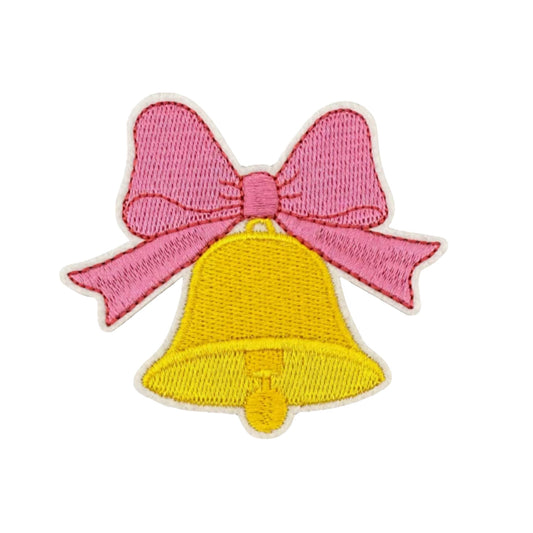 Christmas Bell – Pink Bow & Yellow Bell Embroidered Iron-On Patch