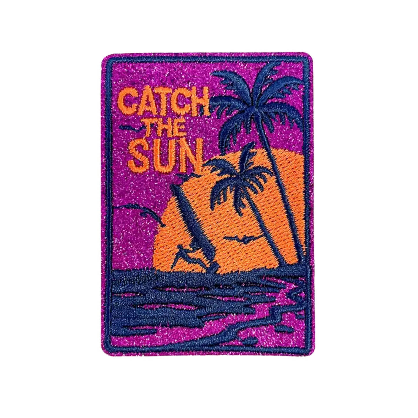 Catch The Sun Embroidered Iron On Patch - Glitter Purple Navy Blue &  Orange Sunset