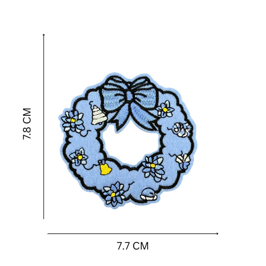 Blue Christmas Wreath Embroidered Iron-On Patch – Elegant Winter Holiday Patch for Clothes, Bags & DIY Crafts