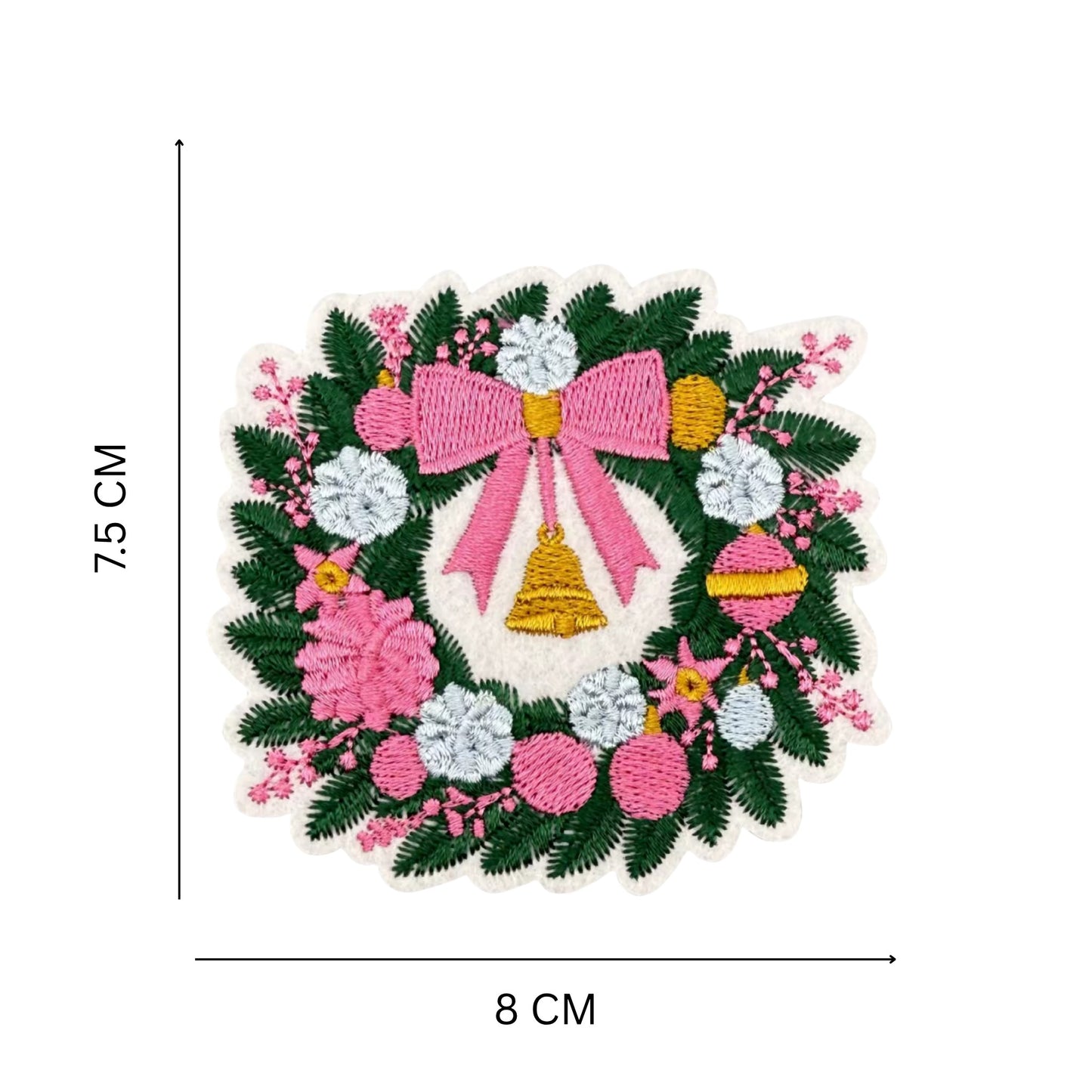 Pink Christmas Wreath Iron-On Patch – Embroidered Festive Floral Design with Bow & Bell