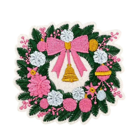 Pink Christmas Wreath Iron-On Patch – Embroidered Festive Floral Design with Bow & Bell