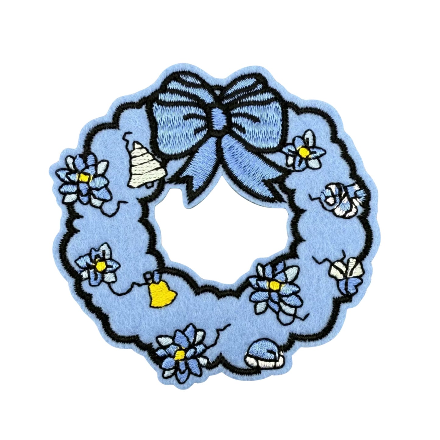 Blue Christmas Wreath Embroidered Iron-On Patch