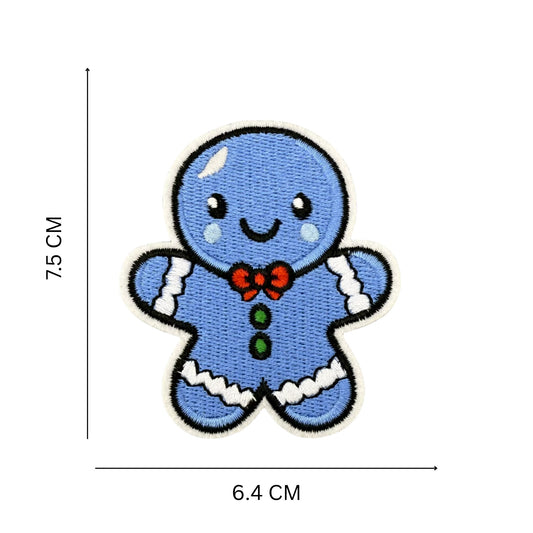Blue Gingerbread Embroidered Patch – Iron-On Holiday Design for Apparel, Jackets & Creative DIYs