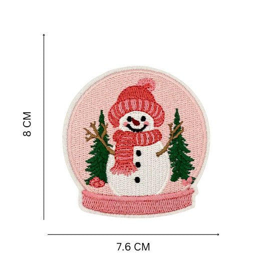 Snowman Snow Globe Iron-On Patch – Embroidered Pink & White Christmas Patch