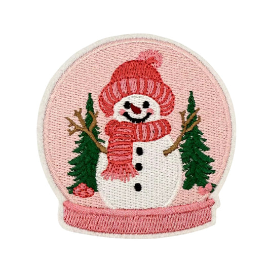 Snowman Snow Globe Iron-On Patch – Embroidered Pink & White Christmas Patch