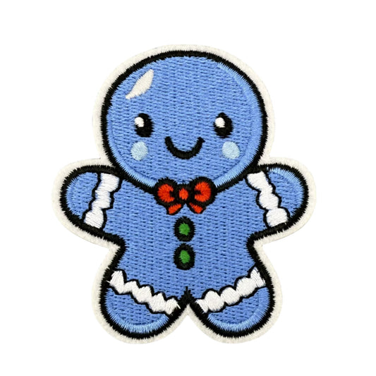 Blue Gingerbread Embroidered Patch – Iron-On Holiday Design for Apparel, Jackets & Creative DIYs