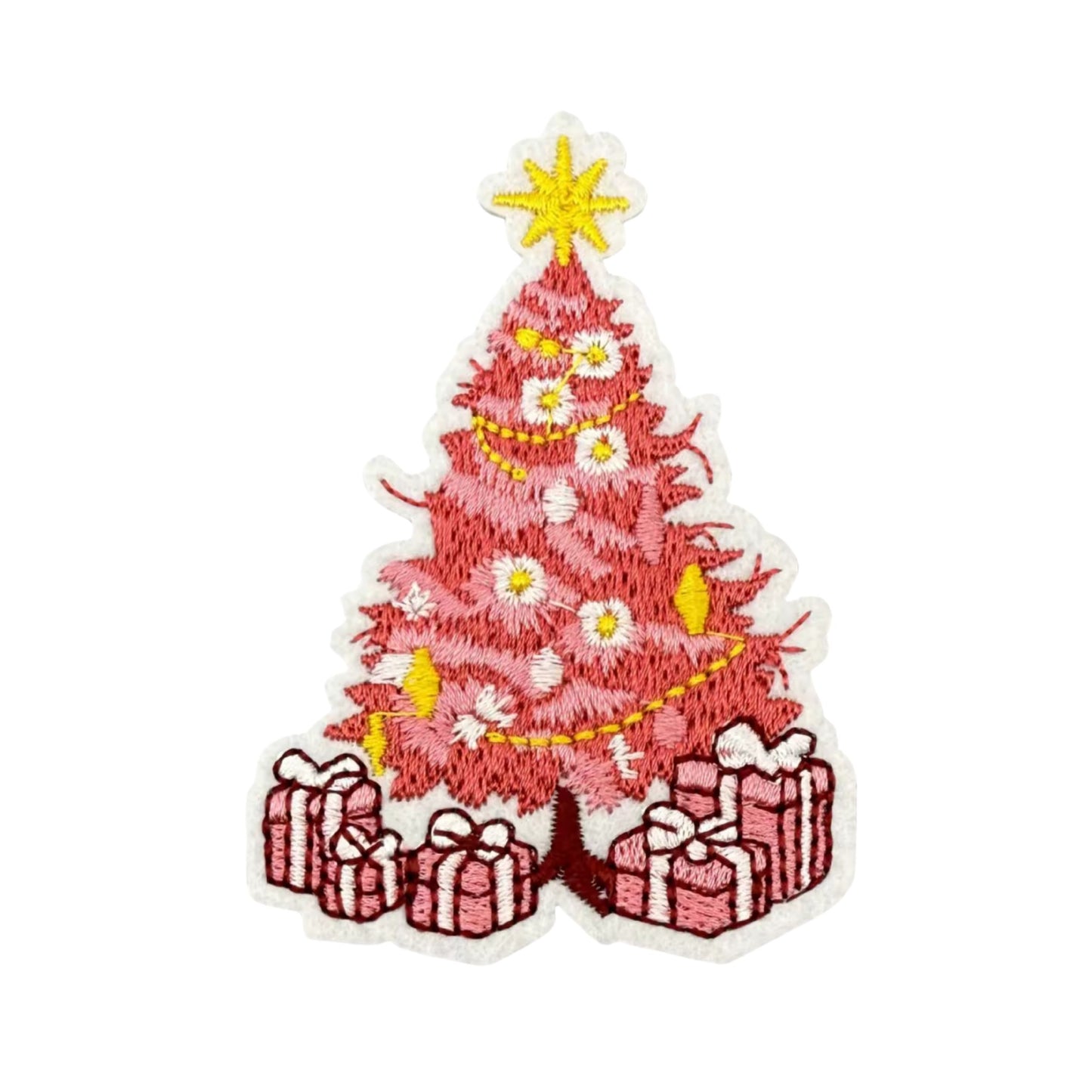 Pink Christmas Tree Iron-On Patch – Embroidered Festive Patch with Gifts