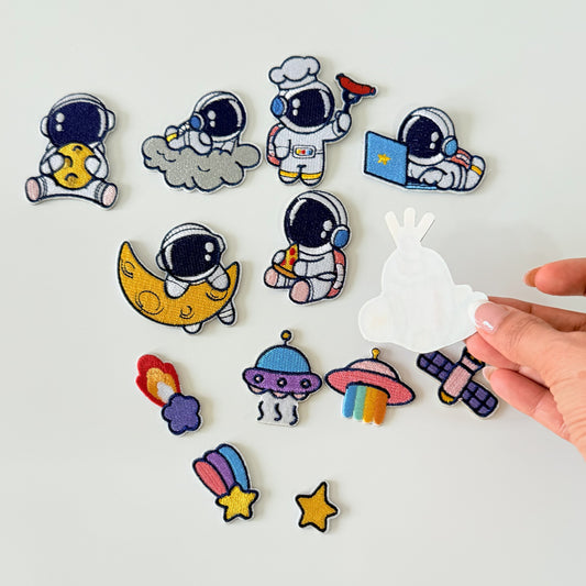 Self-Adhesive/ Iron-On Set of 13 Cute Astronauts, Spaceship, and Star Embroidery Patches for Clothes and Accessories