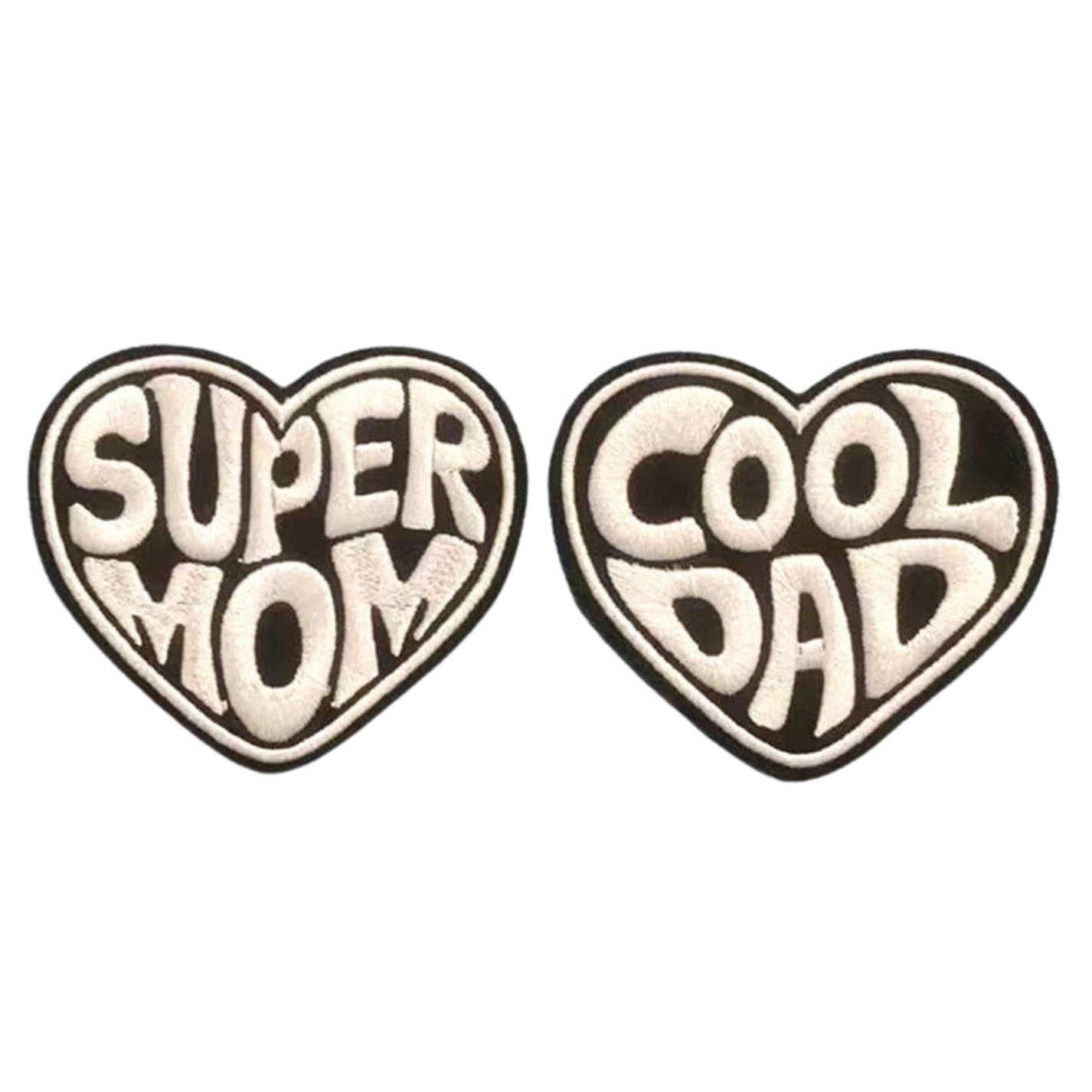 ''Super Mom'' and ''Cool Dad'' Iron On Patch Embroidered Heart Design for Apparel and Accessories