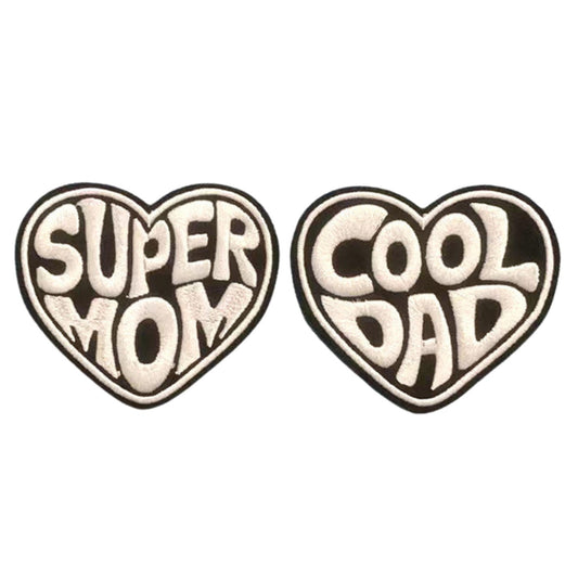 ''Super Mom'' and ''Cool Dad'' Iron On Patch Embroidered Heart Design for Apparel and Accessories