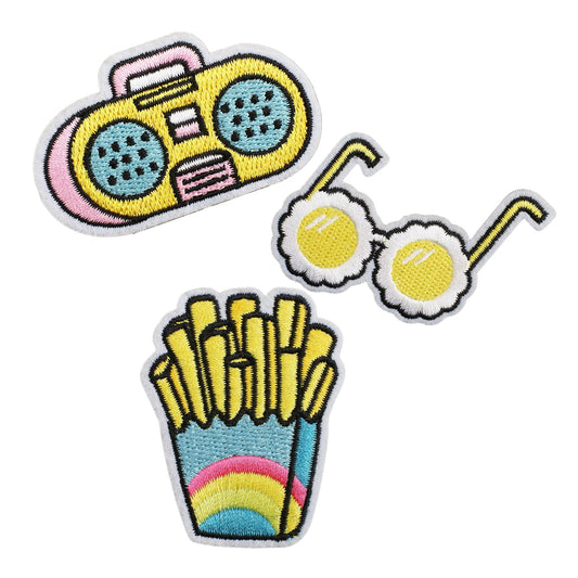 Iron-On Embroidery Patch Set – Yellow Sunglasses, French Fries & Stereo - Summer Vibes Collection