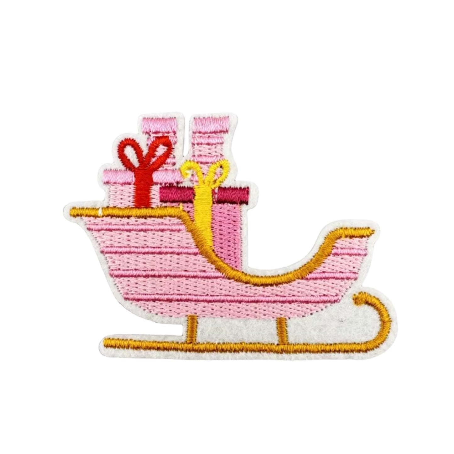 Pink Christmas Sleigh Iron-On Patch – Embroidered Festive Patch with Gifts