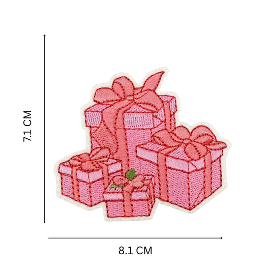 Pink Embroidered Christmas Patch Gift Boxes Iron-On Patch  for DIY Crafts & Holiday Décor