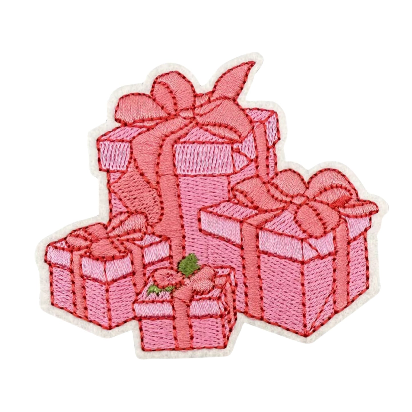 Pink Embroidered Christmas Patch Gift Boxes Iron-On Patch