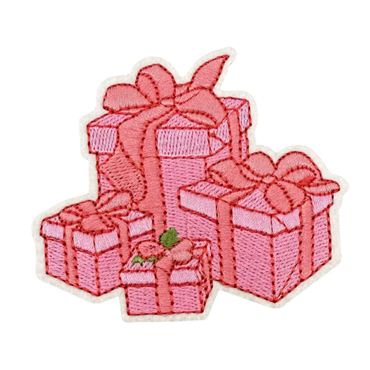 Pink Embroidered Christmas Patch Gift Boxes Iron-On Patch  for DIY Crafts & Holiday Décor