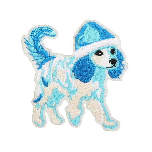 Cute Dog Christmas Patch – Blue Puppy Embroidered Iron-On for Festive Clothing & DIY Crafts