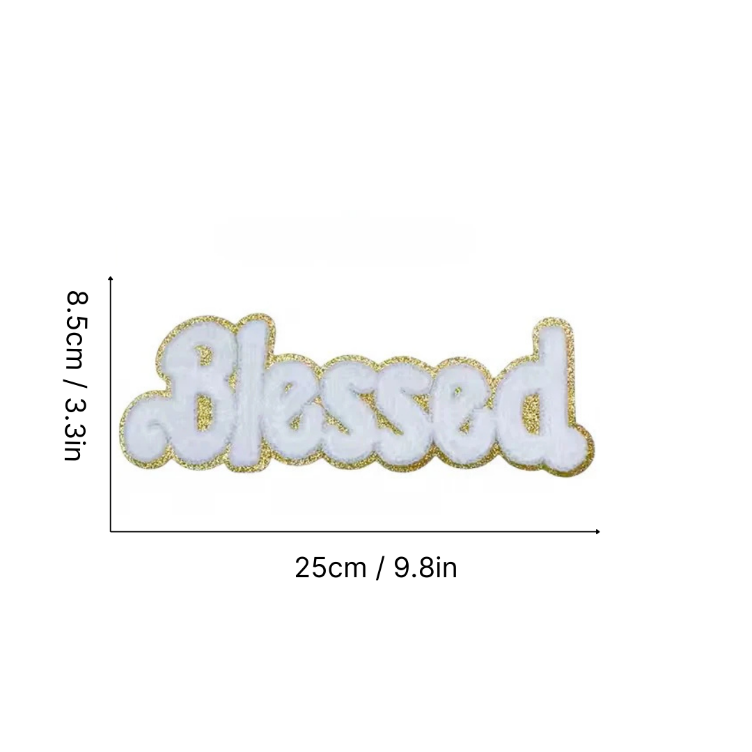 Iron On/ Sew On - Gold Edge Chenille Word ''Jesus'' and ''Blessed'' Patch