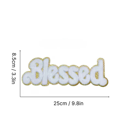 Iron On/ Sew On - Gold Edge Chenille Word ''Jesus'' and ''Blessed'' Patch