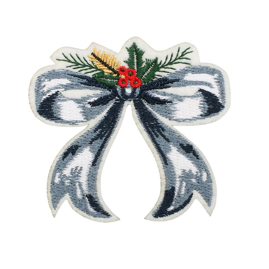 Silver Christmas Bow Embroidered Iron-On Patch – Elegant Holiday Design